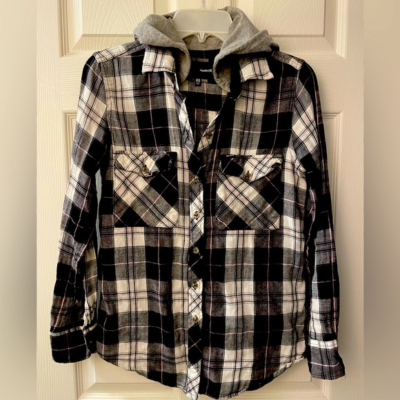 Hurley Tops - Hurley Cotton Hooded Flannel Long Sleeve Button Down Shirt Hoodie